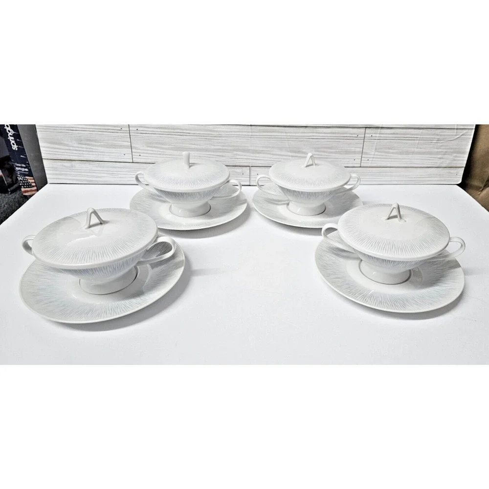 Rosenthal Continental R2225 Cream Soup Set – 4 Bowls with Lids & Saucers